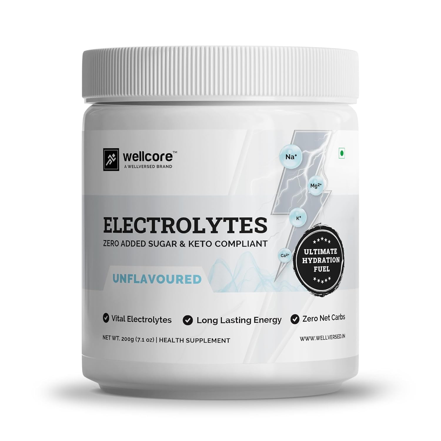 Wellcore - Electrolytes (Unflavoured, 200g)| Electrolyte Drink With 5 Vital Electrolytes: Na, Mg, Ca, K, PO4 | Sugar Free Electrolyte Powder | Fat Fuel